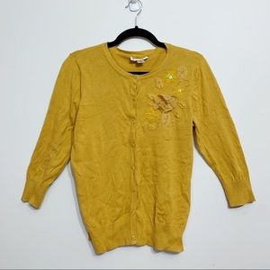 Christopher & Banks Floral Appliqué Cardigan Women’s Medium Mustard Yellow